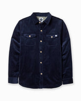 A dark navy blue corduroy shirt jacket with button-up front, two chest flap pockets, and gold-tone buttons, shown on a plain white background. #color_navy