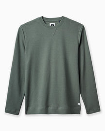 A dark green long-sleeve crewneck sweater with a textured knit pattern, shown flat against a white background. #color_deep sage