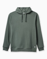 A dark green textured pullover hoodie with matching black drawstrings, displayed flat against a clean white background. #color_deep sage