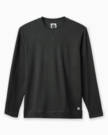A dark charcoal gray long-sleeve crewneck sweater with a textured knit pattern, shown flat against a white background. #color_faded black
