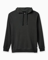 A black textured pullover hoodie with matching black drawstrings, displayed flat against a clean white background. #color_faded black