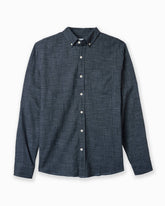 A dark slate blue textured long-sleeve button-down shirt with a pointed collar and white buttons, displayed flat against a white background.
 #color_black breezeway