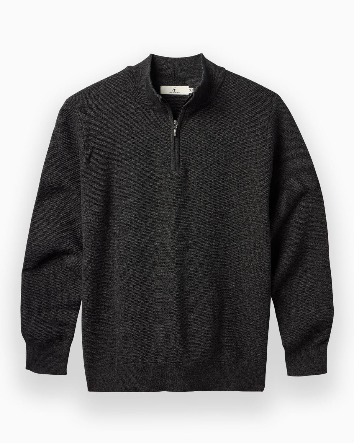A dark charcoal gray half-zip sweater with a mock neck collar, displayed on a clean white background. #color_easton black