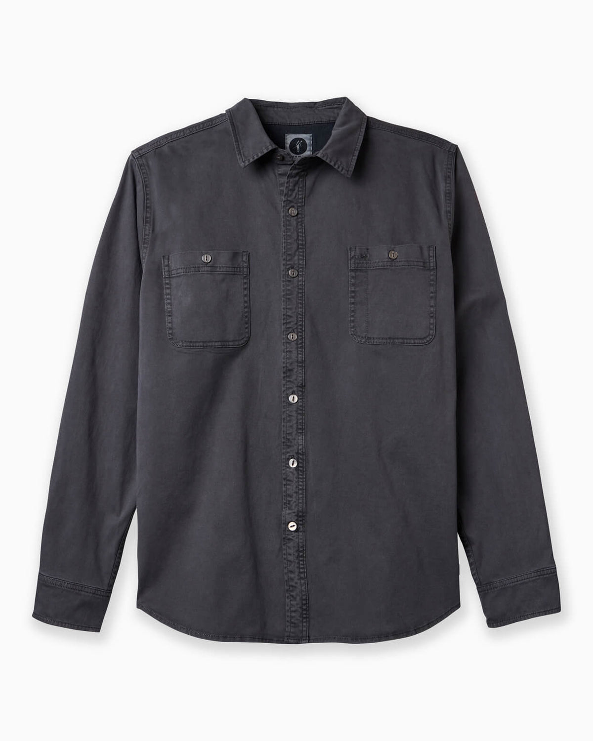 Dark gray button-up shirt with two chest pockets on a white background #color_faded black