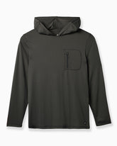 A dark olive green hooded long-sleeve shirt with a zippered chest pocket, displayed on a clean white background. #color_black