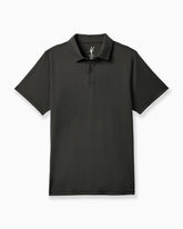 A dark charcoal gray short-sleeve polo shirt with a small white embroidered logo on the inner collar, displayed flat against a light gray background. #color_black