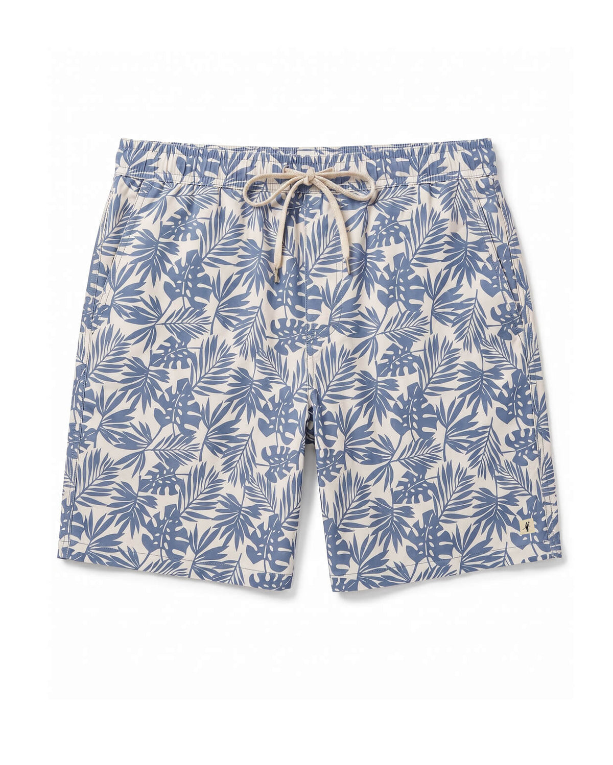 A pair of men's casual shorts featuring an all-over blue tropical palm and monstera leaf pattern on a cream background, with a matching cream drawstring at the elastic waistband.  #color_harbor blue cove 