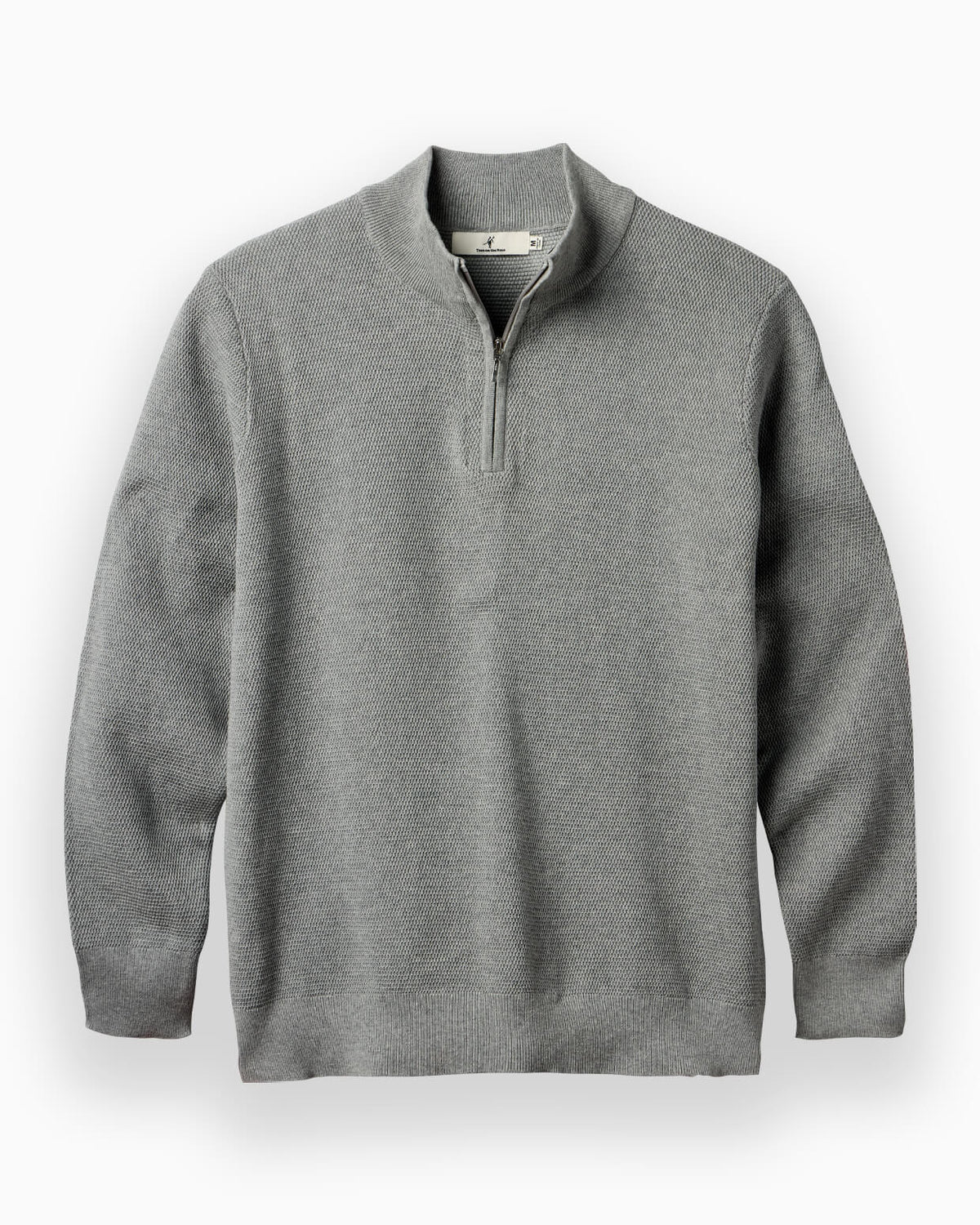 A light gray half-zip knit sweater with a mock neck collar, displayed on a clean white background. #color_easton grey