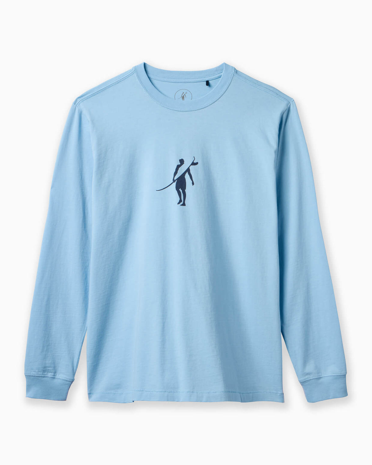 A light blue long-sleeve crewneck t-shirt with a small black silhouette graphic of a surfer on the left chest, displayed on a clean white background. #color_light blue