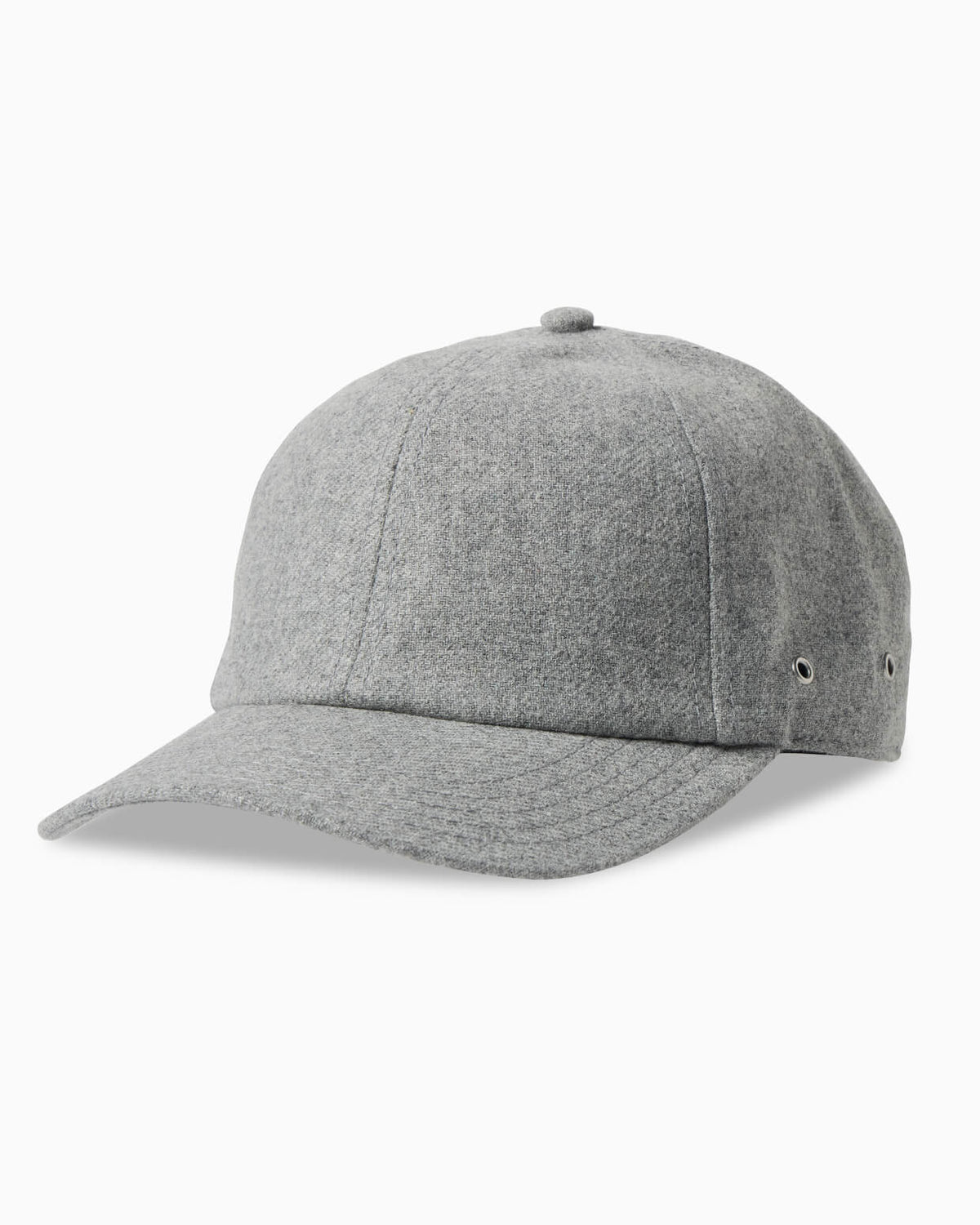 A classic six-panel baseball cap in a heather gray fabric, shown from a three-quarters angle on a clean white background. #color_wooly grey