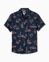 Navy blue shirt with pink floral pattern on a white background #color_navy bamboo