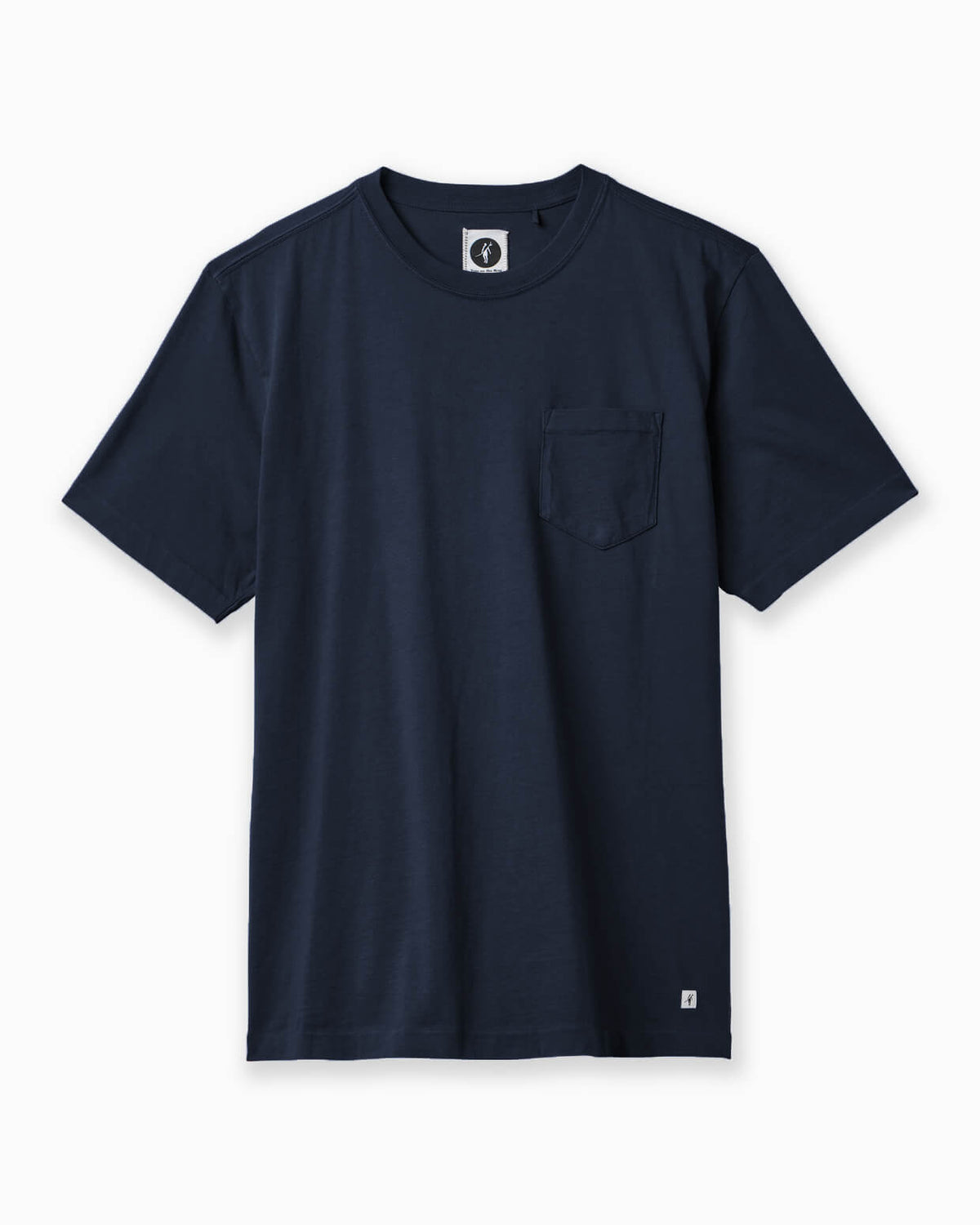 A dark navy blue short-sleeve crewneck t-shirt with a single chest pocket, displayed flat against a clean white background. #color_classic navy