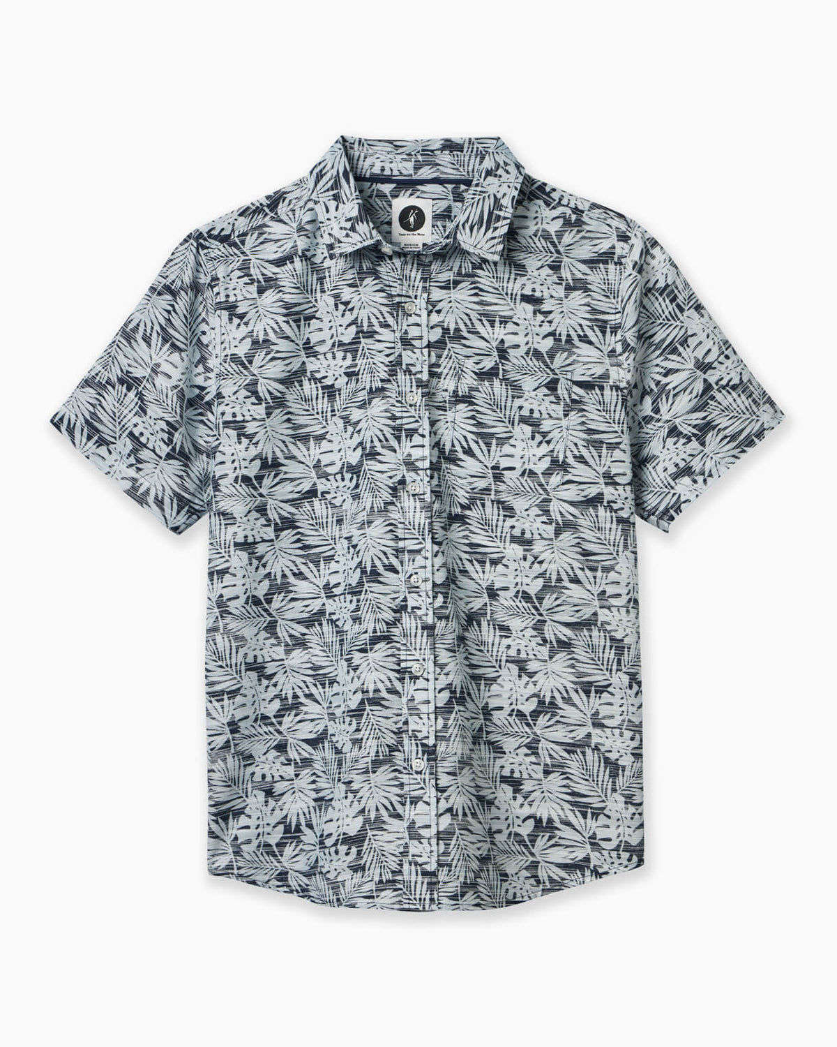 Short-sleeve shirt with tropical leaf pattern on a white background
#color_navy cove
