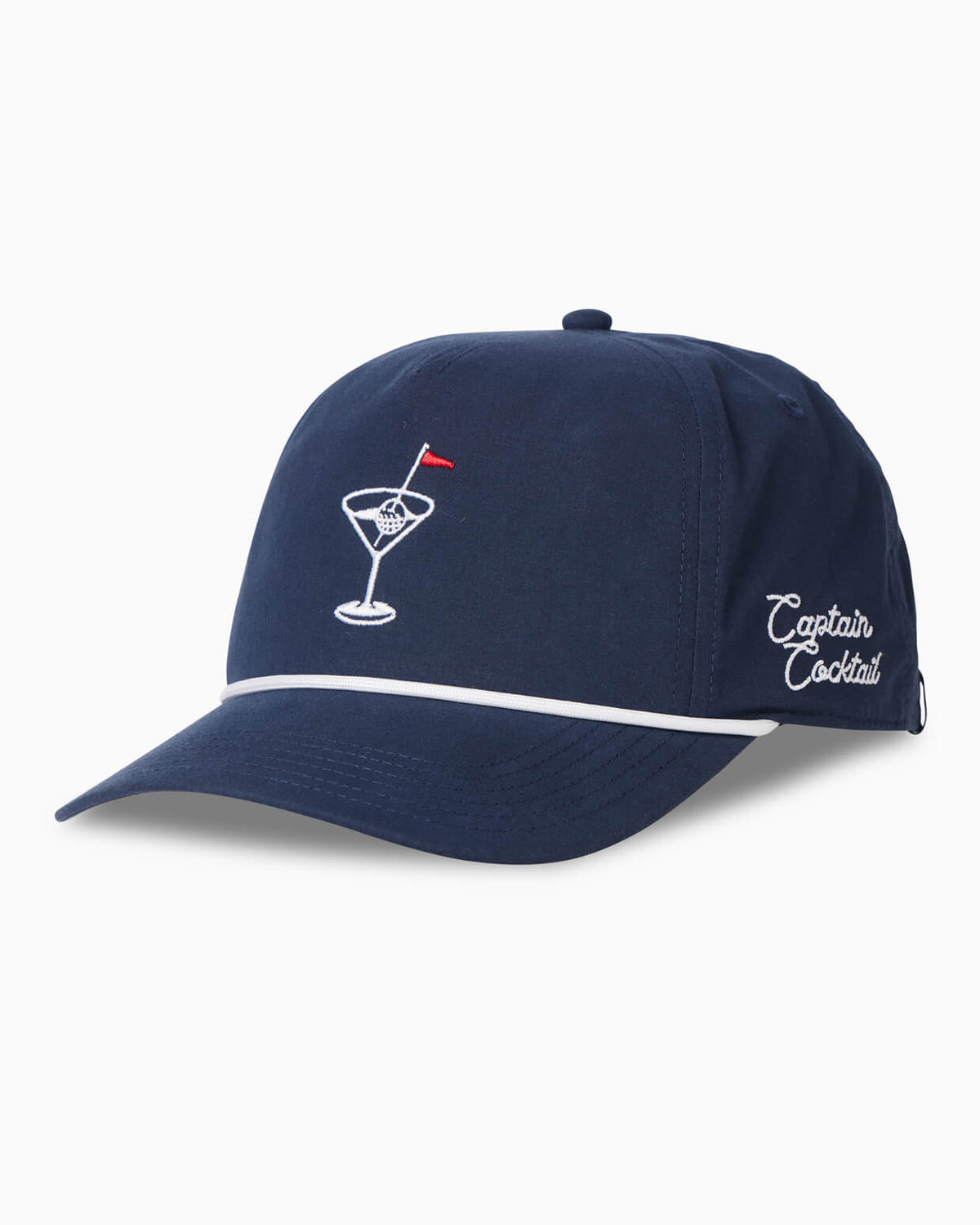 Navy snapback cap with cocktail glass and flag design on a white background #color_navy