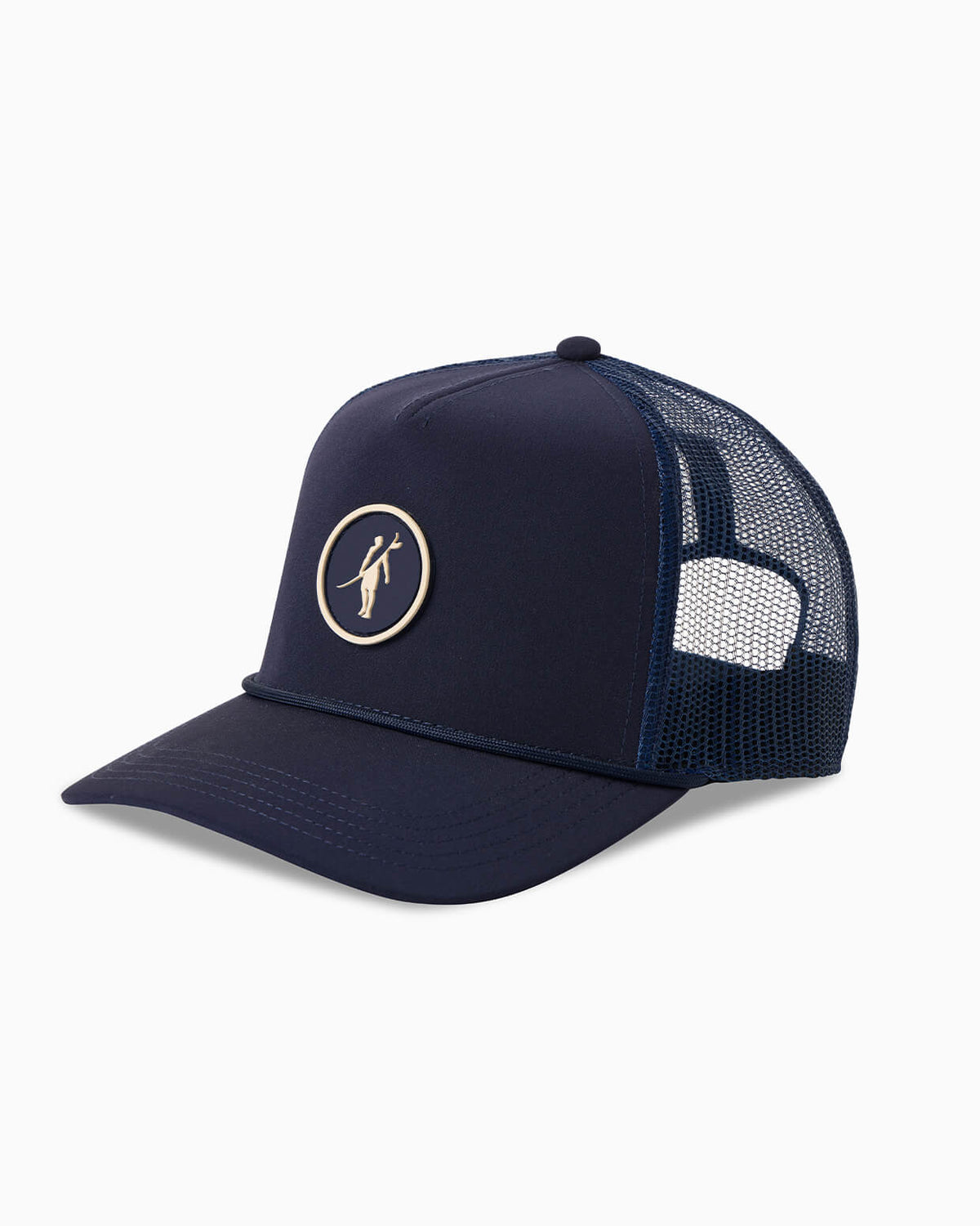 Black trucker cap with a white logo on a white background #color_navy
