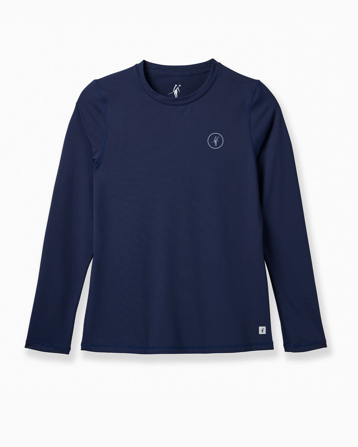 A navy blue long-sleeve crewneck athletic shirt with a small white circular logo on the left chest, displayed on a clean white background. #color_navy