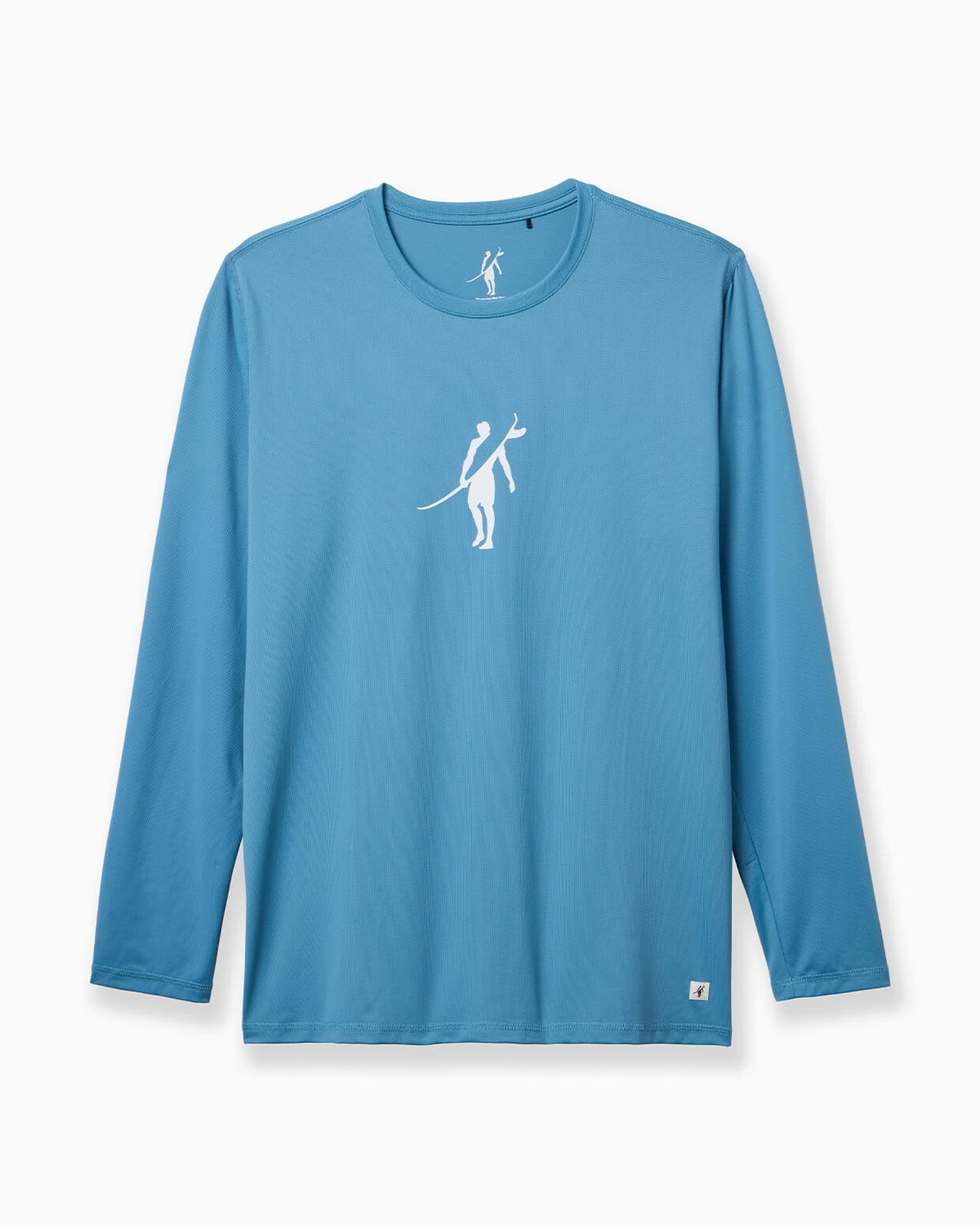 A blue long-sleeve crewneck shirt with a white minimalist graphic of a figure holding a sword on the left chest, displayed on a clean white background. #color_ocean