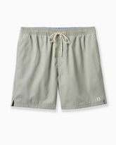 A pair of light sage green drawstring shorts with a white rope and a small white logo patch on the lower left hem, displayed flat against a white background.
#color_malibu sea