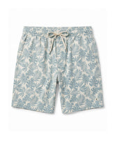 A pair of men's casual shorts featuring an all-over light blue tropical leaf and palm tree print on a cream background, with a matching cream drawstring at the elastic waistband. #color_malibu sea