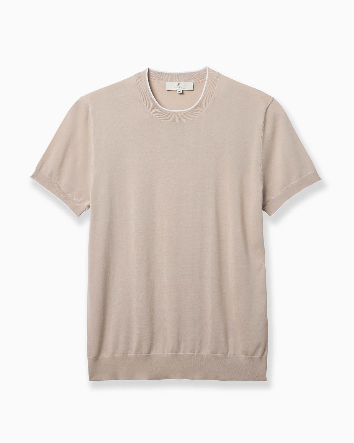 A light beige short-sleeve crewneck knit sweater displayed flat against a clean white background. #color_portola stone