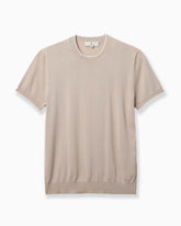 A light beige short-sleeve crewneck knit sweater displayed flat against a clean white background. #color_portola stone