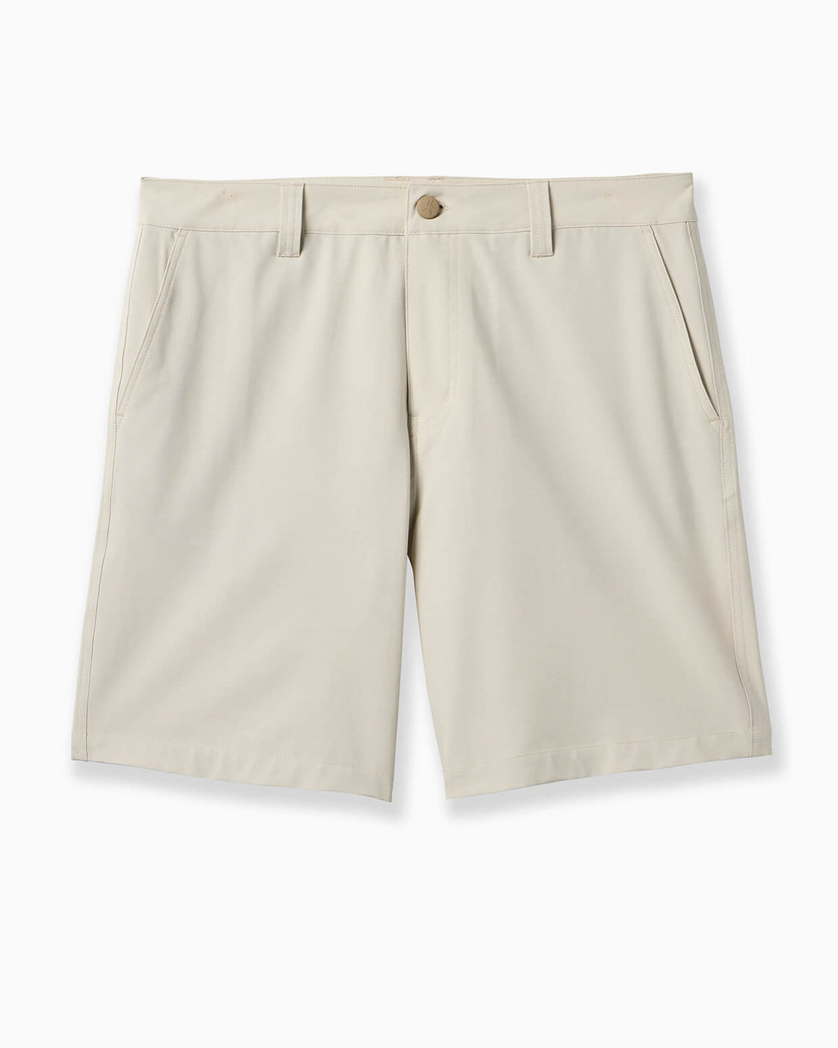 Beige chino shorts with a button closure, belt loops, and side pockets, shown flat on a white background. #color_core stone