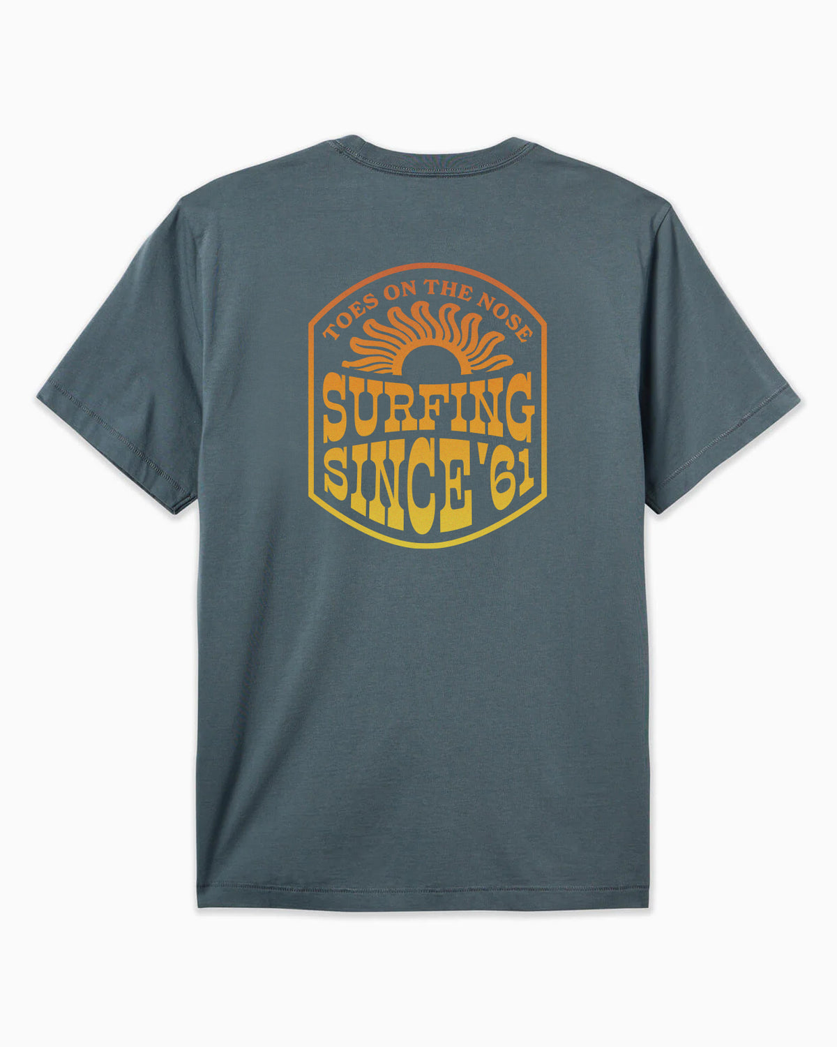 Grey t-shirt with yellow and orange graphic on the back on a white background #color_storm