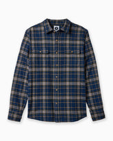 Plaid shirt with blue and brown pattern on a white background #color_surf navy