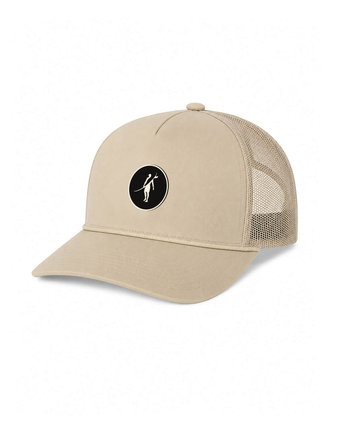 Beige trucker cap with a black logo on a white background #color_stone