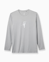 A light gray long-sleeve performance shirt with a small white minimalist figure graphic on the center chest, displayed against a clean white background. #color_vapor grey