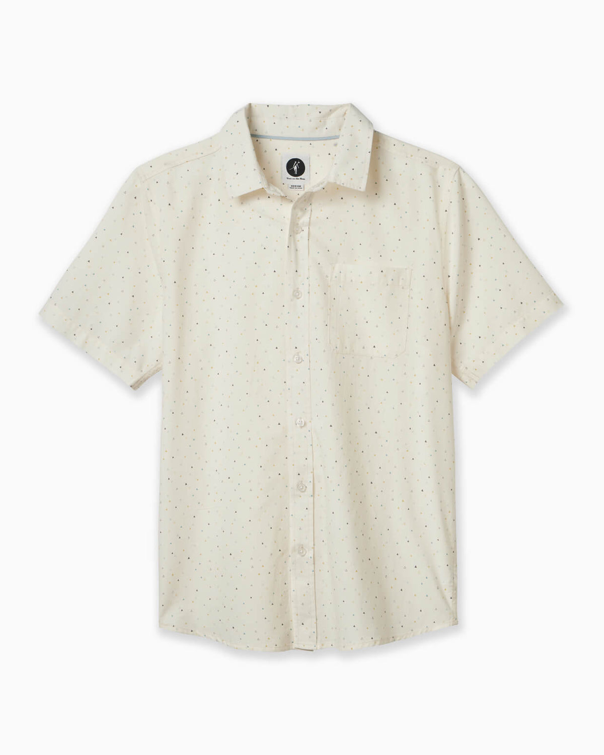 Beige short-sleeve shirt with subtle pattern on a white background 
#color_washed white naples