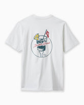 White t-shirt with a graphic of a cocktail and text on the back against a white background #color_white