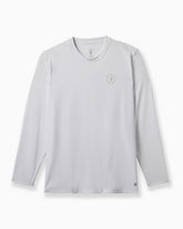A light gray long-sleeve crewneck shirt with a small circular logo on the left chest, displayed on a clean white background. #color_white