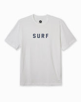 White t-shirt with 'SURF' text on a white background #color_washed white slub 