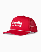 Red mesh-back trucker hat with white “Tequila por favor” embroidery and contrast rope, angled studio view.
