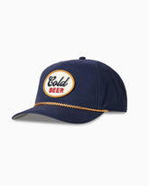 Navy rope hat with round “Cold Beer” embroidered patch, angled studio view
