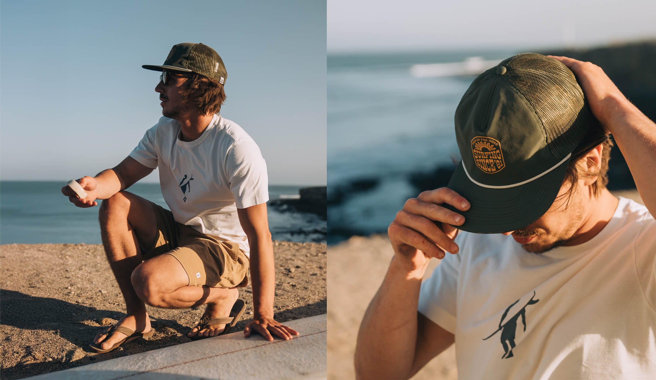 Men's t-shirt and hat displayed on desktop view, showcasing the front design.