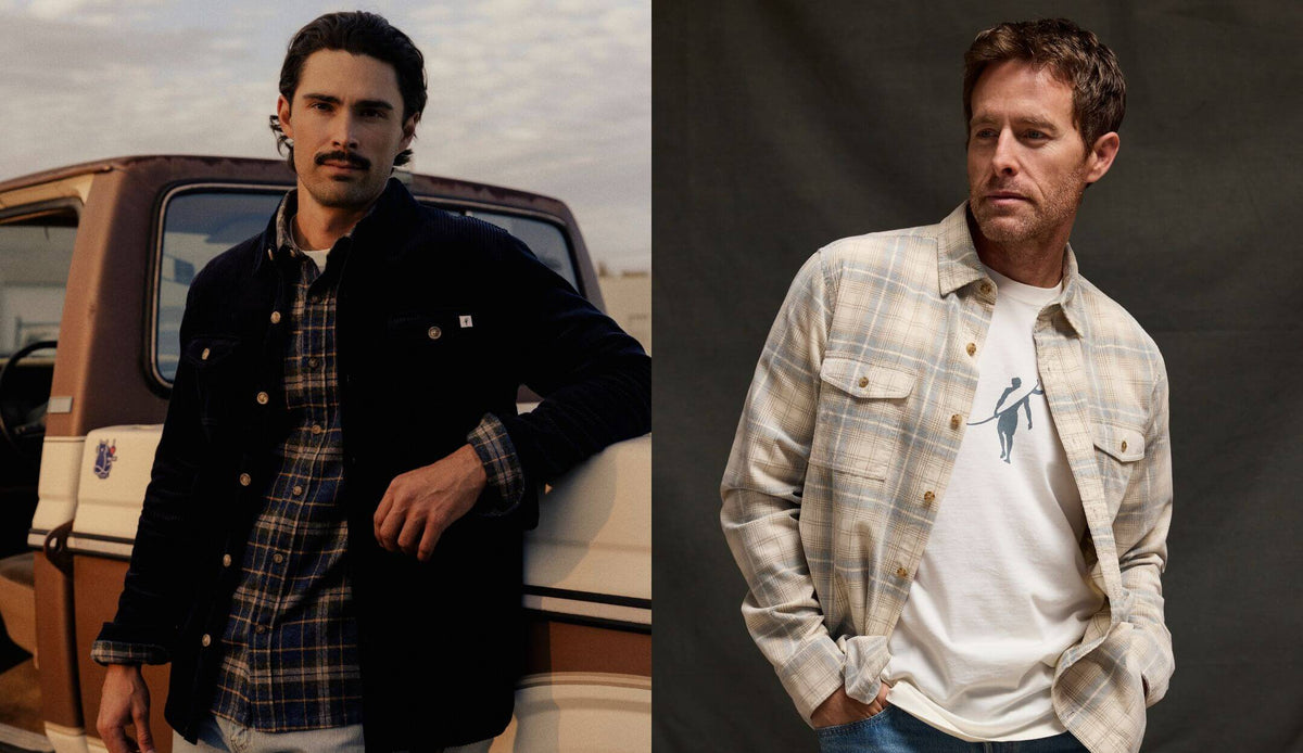 A side-by-side split portrait showing two men modeling apparel. The left model wears a dark overshirt over a blue plaid shirt, standing beside a vintage truck.