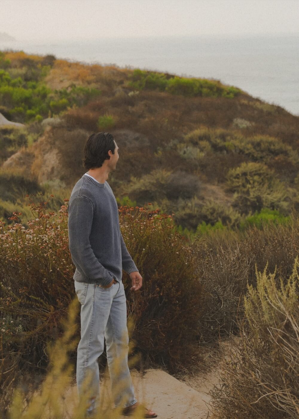 A man wearing a gray long-sleeve crewneck sweater and light blue jeans stands on a dirt path in a coastal, brush-covered landscape, looking out toward the ocean.