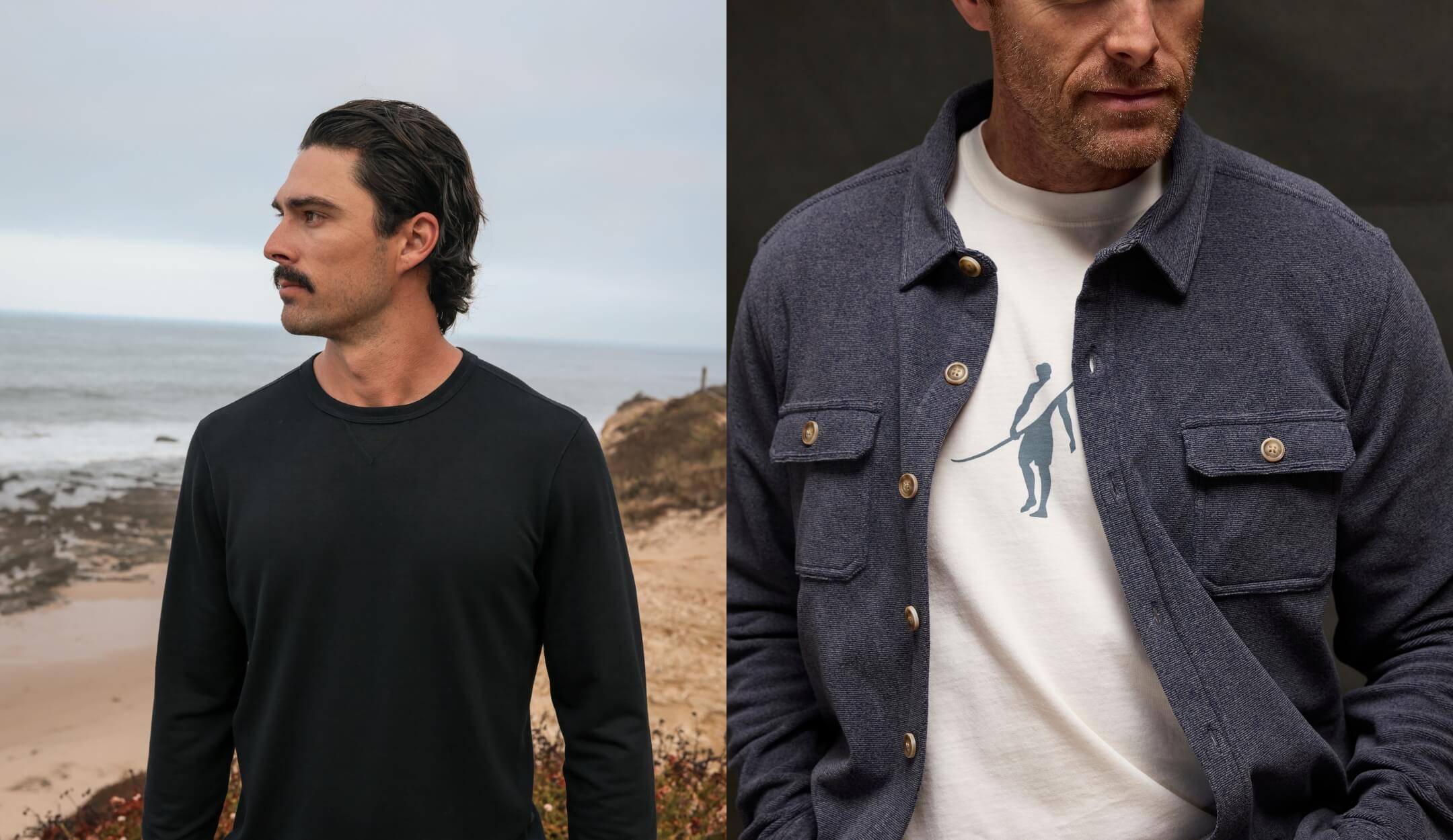 A split-screen lifestyle image showing a man wearing two different apparel items: on the left, a black long-sleeve crewneck shirt against an ocean backdrop, and on the right, a dark blue button-up overshirt layered over a white t-shirt with a black fisherman silhouette graphic.