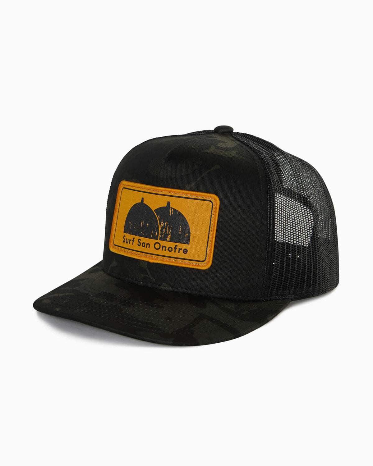 Surf San O | Adjustable Trucker Hat BLACK CAMO front