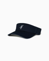 Navy golf visor with white Toes on the Nose logo, angled studio view.